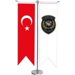 Satürn Design Masa Üstü Kırlangıç Polis Özel Harekat Türk Bayrağı + Krom T Direk Masa Bayrak Seti - --