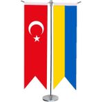 Satürn Design Masa Üstü Kırlangıç Ukrayna Bayrağı Türk Bayrağı + Krom T Direk Masa Bayrak Seti - --