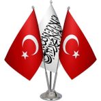 Satürn Design Masaüstü Afganistan Bayrağı Türk Bayrağı Üçlü Krom Direk Masa Bayrak Seti