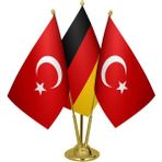 Satürn Design Masaüstü Almanya Bayrağı Türk Bayrağı Üçlü Pirinç Direk Masa Bayrak Seti