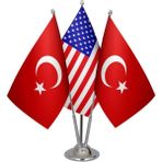 Satürn Design Masaüstü Amerika Bayrağı Türk Bayrağı Üçlü Krom Direk Masa Bayrak Seti