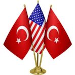 Satürn Design Masaüstü Amerika Bayrağı Türk Bayrağı Üçlü Pirinç Direk Masa Bayrak Seti