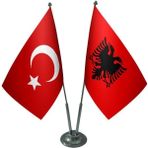 Satürn Design Masaüstü Arnavutluk Bayrağı Türk Bayrağı İkili Krom Direk Masa Bayrak Seti