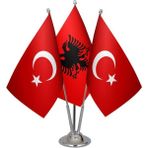 Satürn Design Masaüstü Arnavutluk Bayrağı Türk Bayrağı Üçlü Krom Direk Masa Bayrak Seti