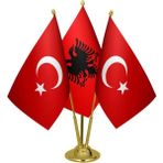 Satürn Design Masaüstü Arnavutluk Bayrağı Türk Bayrağı Üçlü Pirinç Direk Masa Bayrak Seti