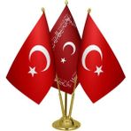Satürn Design Masaüstü Ayetli Osmanlı Bayrağı Türk Bayrağı Üçlü Pirinç Direk Masa Bayrak Seti