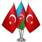 Satürn Design Masaüstü Azerbaycan Bayrağı Türk Bayrağı Üçlü Krom Direk Masa Bayrak Seti