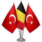 Satürn Design Masaüstü Belçika Bayrağı Türk Bayrağı Üçlü Krom Direk Masa Bayrak Seti