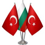 Satürn Design Masaüstü Bulgaristan Bayrağı Türk Bayrağı Üçlü Krom Direk Masa Bayrak Seti