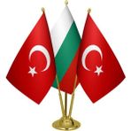 Satürn Design Masaüstü Bulgaristan Bayrağı Türk Bayrağı Üçlü Pirinç Direk Masa Bayrak Seti
