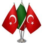 Satürn Design Masaüstü Çeçenistan Bayrağı Türk Bayrağı Üçlü Krom Direk Masa Bayrak Seti