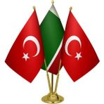 Satürn Design Masaüstü Çeçenistan Bayrağı Türk Bayrağı Üçlü Pirinç Direk Masa Bayrak Seti