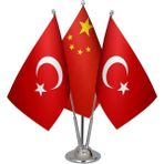Satürn Design Masaüstü Çin Bayrağı Türk Bayrağı Üçlü Krom Direk Masa Bayrak Seti