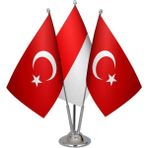 Satürn Design Masaüstü Endonezya Bayrağı Türk Bayrağı Üçlü Krom Direk Masa Bayrak Seti