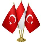 Satürn Design Masaüstü Endonezya Bayrağı Türk Bayrağı Üçlü Pirinç Direk Masa Bayrak Seti
