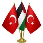Satürn Design Masaüstü Filistin Bayrağı Türk Bayrağı Üçlü Pirinç Direk Masa Bayrak Seti
