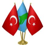 Satürn Design Masaüstü Göktürk Bayrağı Türk Bayrağı Üçlü Pirinç Direk Masa Bayrak Seti