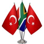 Satürn Design Masaüstü Güney Afrika Bayrağı Türk Bayrağı Üçlü Krom Direk Masa Bayrak Seti