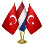 Satürn Design Masaüstü Hollanda Bayrağı Türk Bayrağı Üçlü Pirinç Direk Masa Bayrak Seti