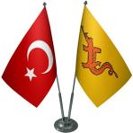 Satürn Design Masaüstü Hun Imparatorluğu Bayrağı Türk Bayrağı İkili Krom Direk Masa Bayrak Seti