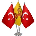 Satürn Design Masaüstü Hun Imparatorluğu Bayrağı Türk Bayrağı Üçlü Pirinç Direk Masa Bayrak Seti