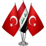 Satürn Design Masaüstü Irak Bayrağı Türk Bayrağı Üçlü Krom Direk Masa Bayrak Seti
