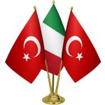 Satürn Design Masaüstü Italya Bayrağı Türk Bayrağı Üçlü Pirinç Direk Masa Bayrak Seti