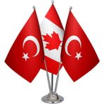 Satürn Design Masaüstü Kanada Bayrağı Türk Bayrağı Üçlü Krom Direk Masa Bayrak Seti
