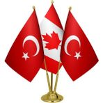 Satürn Design Masaüstü Kanada Bayrağı Türk Bayrağı Üçlü Pirinç Direk Masa Bayrak Seti