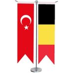Satürn Design Masaüstü Kırlangıç Belçika + Türk Bayrağı + Krom T Direk Masa Bayrak Seti