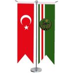 Satürn Design Masaüstü Kırlangıç Çeçenistan Içkerya + Türk Bayrağı + Krom T Direk Masa Bayrak Seti