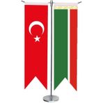 Satürn Design Masaüstü Kırlangıç Çeçenistan + Türk Bayrağı + Krom T Direk Masa Bayrak Seti