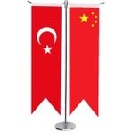 Satürn Design Masaüstü Kırlangıç Çin + Türk Bayrağı + Krom T Direk Masa Bayrak Seti