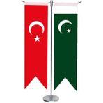 Satürn Design Masaüstü Kırlangıç Pakistan + Türk Bayrağı + Krom T Direk Masa Bayrak Seti