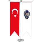 Satürn Design Masaüstü Kırlangıç Polis Arması + Türk Bayrağı + Krom T Direk Masa Bayrak Seti