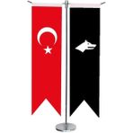 Satürn Design Masaüstü Kırlangıç Siyah Göktürk + Türk Bayrağı + Krom T Direk Masa Bayrak Seti