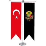 Satürn Design Masaüstü Kırlangıç Siyah Osmanlı Arması + Türk Bayrağı + Krom T Direk Masa Bayrak Seti