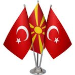 Satürn Design Masaüstü Makedonya Bayrağı Türk Bayrağı Üçlü Krom Direk Masa Bayrak Seti