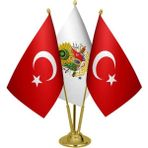 Satürn Design Masaüstü Osmanlı Arması Bayrağı Türk Bayrağı Üçlü Pirinç Direk Masa Bayrak Seti