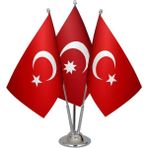 Satürn Design Masaüstü Osmanlı Devleti Bayrağı Türk Bayrağı Üçlü Krom Direk Masa Bayrak Seti