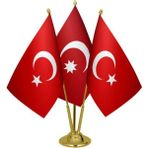 Satürn Design Masaüstü Osmanlı Devleti Bayrağı Türk Bayrağı Üçlü Pirinç Direk Masa Bayrak Seti