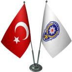 Satürn Design Masaüstü Polis Arması Bayrağı Türk Bayrağı İkili Krom Direk Masa Bayrak Seti