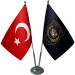 Satürn Design Masaüstü Polis Özel Harekat Bayrağı Türk Bayrağı İkili Krom Direk Masa Bayrak Seti