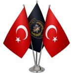 Satürn Design Masaüstü Polis Özel Harekat Bayrağı Türk Bayrağı Üçlü Krom Direk Masa Bayrak Seti