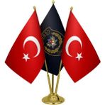 Satürn Design Masaüstü Polis Özel Harekat Bayrağı Türk Bayrağı Üçlü Pirinç Direk Masa Bayrak Seti