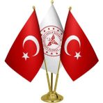 Satürn Design Masaüstü Sağlık Bakanlığı Bayrağı Türk Bayrağı Üçlü Pirinç Direk Masa Bayrak Seti