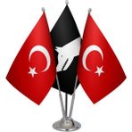 Satürn Design Masaüstü Siyah Göktürk Bayrağı Türk Bayrağı Üçlü Krom Direk Masa Bayrak Seti