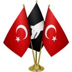 Satürn Design Masaüstü Siyah Göktürk Bayrağı Türk Bayrağı Üçlü Pirinç Direk Masa Bayrak Seti