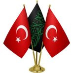 Satürn Design Masaüstü Siyah Kelimei Tevhid Bayrağı Türk Bayrağı Üçlü Pirinç Direk Masa Bayrak Seti