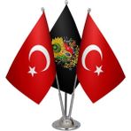 Satürn Design Masaüstü Siyah Osmanlı Arması Bayrağı Türk Bayrağı Üçlü Krom Direk Masa Bayrak Seti